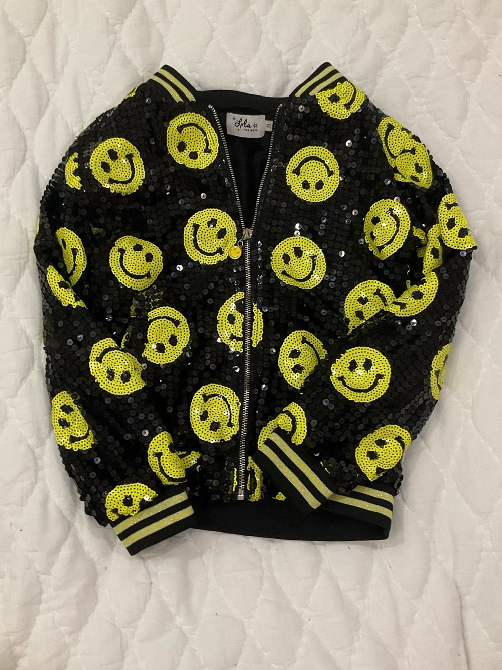 Lola + The Boys Sequin Smiley Face Bomber Jacket
